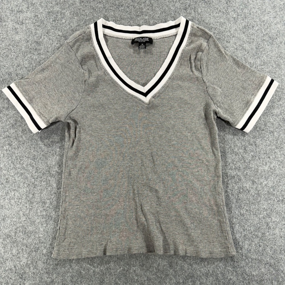Rouge Collection Womens 3X Gray Ribbed V-Neck Short Sleeve Top Striped Trim